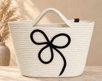 Handmade Cream Woven Tote Bag with Black Bow, Boho Summer Purse