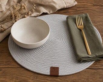 Handmade Braided Gray Round Placemats, Scandinavian Dining Decor (Set of 2)