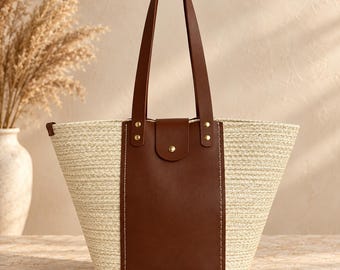 Ivory Jute Tote Bag with Brown Leather Handles, Handmade Woven Shoulder Bag