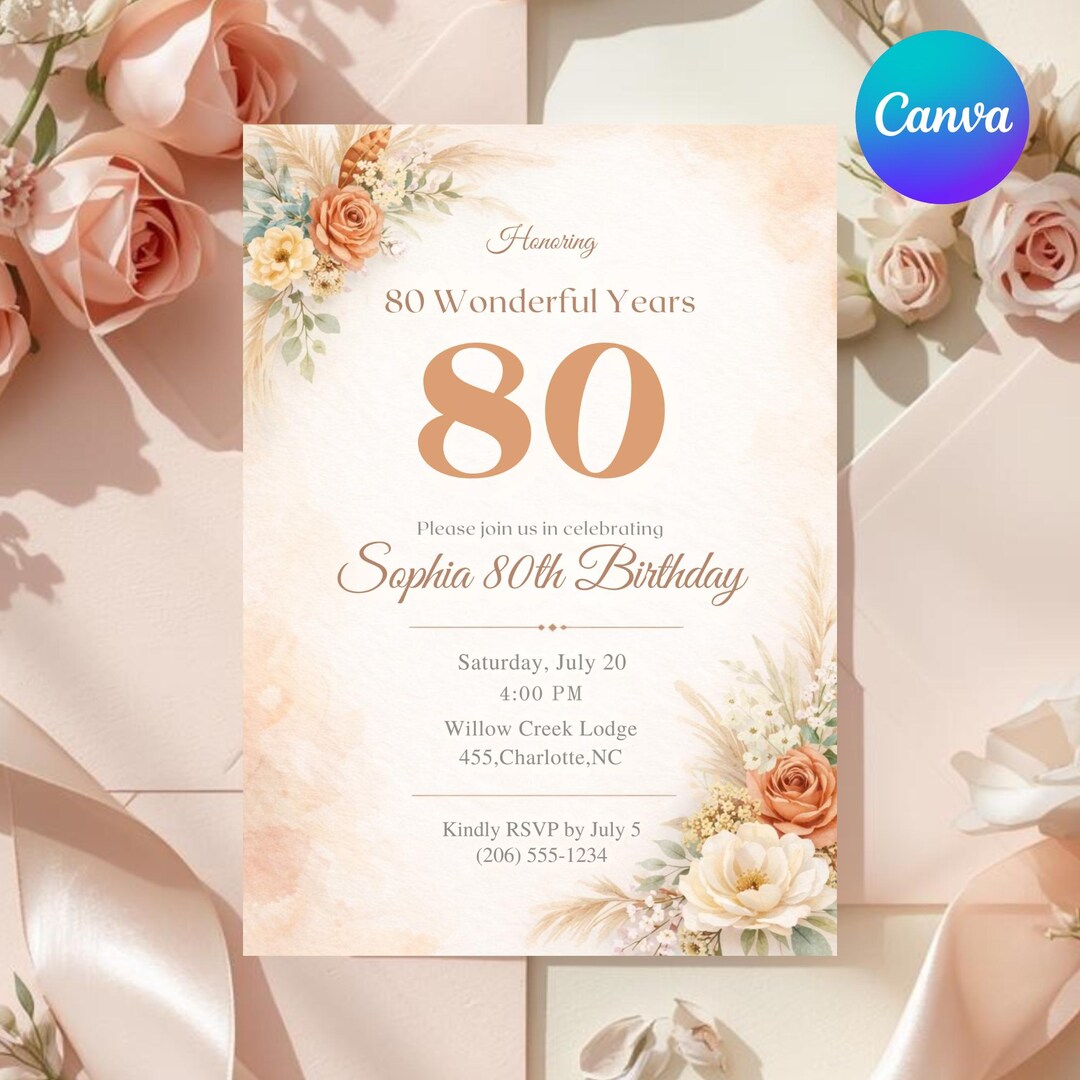 80th Birthday Invitation Template, Floral 80 Birthday Invite, Elegant ...