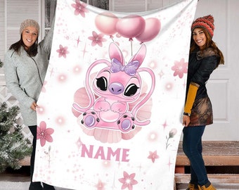 Custom Name Stitch Angel Blanket, Cartoon Movie Blanket, Throw, Birthday, Characters, Fleece Mink Sherpa Blanket, Birthday Gift, Baby Cute