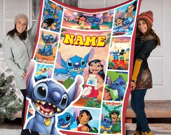 Custom Name Stitch and Lilo Blanket, Cartoon Movie Blanket, Throw, Birthday, Character, Fleece Mink Sherpa Blanket, Birthday Gift, Baby Cute