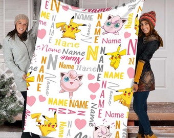 Custom Name Pikachu Blanket, Quilt Blanket, Cartoon Movie Blanket, Fleece Mink Sherpa Blanket, Birthday, Bedroom Decor, Gifts Baby, Lovers