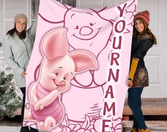 Custom Name Winnie Piglet Blanket, Cartoon Movie Blanket, Characters, Fleece Mink Sherpa Blanket, Birthday, Home Bedroom Decor, Gift Baby