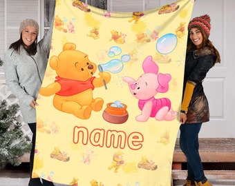 Custom Name Winnie Pooh and Piglet Blanket, Cartoon Movie Blanket, Characters, Fleece Mink Sherpa Blanket, Birthday, Home Decor, Gift Baby