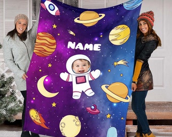 Custom Name and Photo Space Planets Galaxy, Characters, Fleece Mink Sherpa Blanket, Personalized Baby Boy, Home Bedroom Decor, Gift for Dad