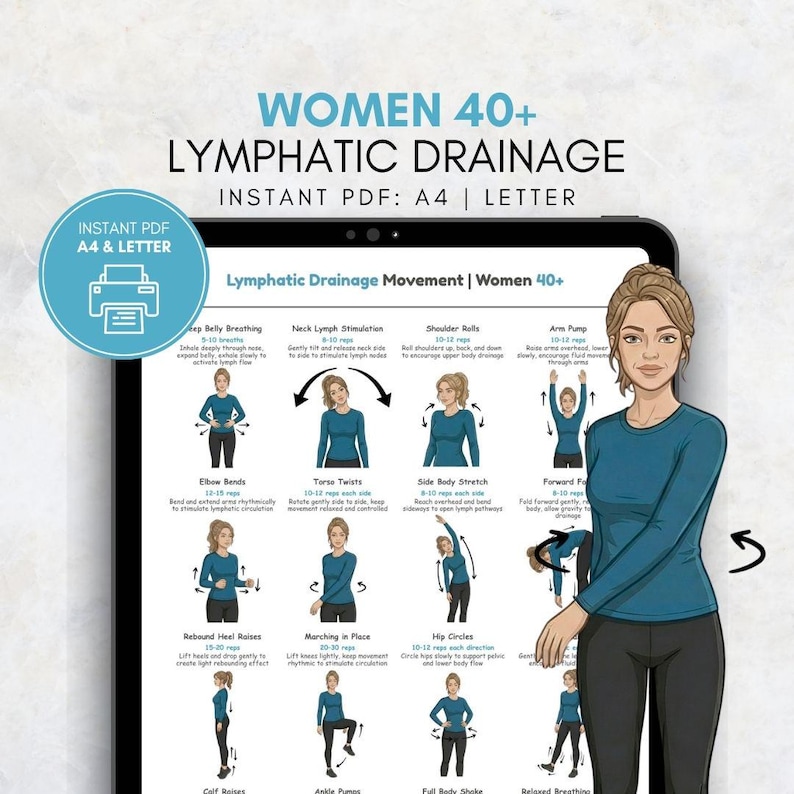 Lymphatic Drainage Routine for Women 40+, Lymph Exercise Chart, Movement and Breathing Exercises, Gentle Circulation Exercise PDF Poster image 8