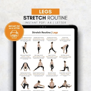 Pode incluir: Um tablet digital exibe um guia de "Rotina de Alongamento de Pernas". O guia apresenta poses ilustradas para vários alongamentos, incluindo alongamentos de isquiotibiais, quadríceps e panturrilhas. O texto "Instant PDF A4 & Letter" também é visível.