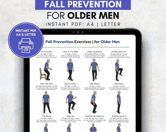 Fall Prevention Balance Exercises for Seniors Printable PDF, Older Men Standing Mobility Training Chart, Elderly Home Exercise Poster