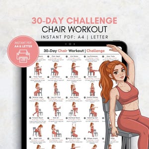 Puede incluir: Una gu&iacute;a de ejercicios digital titulada "30-Day Challenge Chair Workout" con ilustraciones de ejercicios. La gu&iacute;a est&aacute; en formato PDF, A4 y Carta. Una mujer pelirroja aparece junto a la gu&iacute;a.