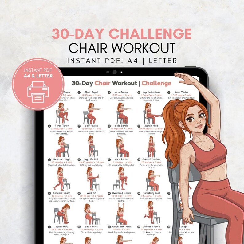 Puede incluir: Una gu&iacute;a de ejercicios digital titulada "30-Day Challenge Chair Workout" con ilustraciones de ejercicios. La gu&iacute;a est&aacute; en formato PDF, A4 y Carta. Una mujer pelirroja aparece junto a la gu&iacute;a.
