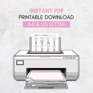 Puede incluir: Una impresora blanca imprime un documento titulado "Tai Chi Walking Workout | Senior Women". El documento es rosa y blanco. El texto "INSTANT PDF PRINTABLE DOWNLOAD A4 & US LETTER" est&aacute; en la parte superior.