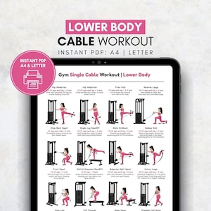 May include: A digital tablet displays a "Lower Body Cable Workout" guide. The pink and white graphic includes exercise illustrations and instructions for various cable machine exercises, such as squats, lunges, and kickbacks. The text also indicates the guide is an instant PDF in A4 and Letter sizes.