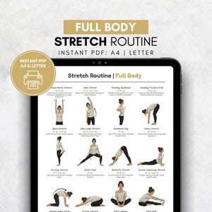 Pode incluir: Um tablet digital exibe uma "Rotina de alongamento de corpo inteiro" com várias poses de ioga. O texto inclui "PDF instantâneo: A4 | Carta". Um gráfico circular dourado com um ícone de impressora e as palavras "PDF instantâneo A4 & Carta" está no canto superior esquerdo.