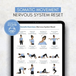 Pu&ograve; includere: Un tablet digitale mostra una guida per esercizi somatici per resettare il sistema nervoso. Il testo blu in alto recita "Somatic Movement Nervous System Reset". La guida include illustrazioni e istruzioni.