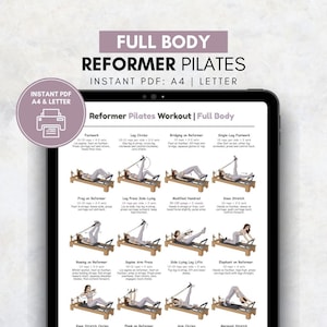 Entrenamiento de cuerpo completo con Pilates Reformer (PDF imprimible) / Tabla de ejercicios con Pilates Reformer / Guía de rutina de Pilates en estudio en casa / Entrenamiento en casa para mujeres