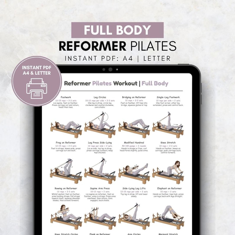 Reformer Pilates Full Body Workout Printable PDF | Pilates Reformer Exercise Chart | Home Studio Pilates Routine Guide | Womens Home Workout image 1