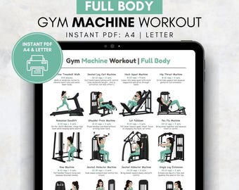 Póster imprimible de entrenamiento de cuerpo completo con máquina de gimnasio para mujeres / Tabla de ejercicios de gimnasio para mujeres / Rutina de gimnasio con máquina / Arte mural para gimnasio en casa