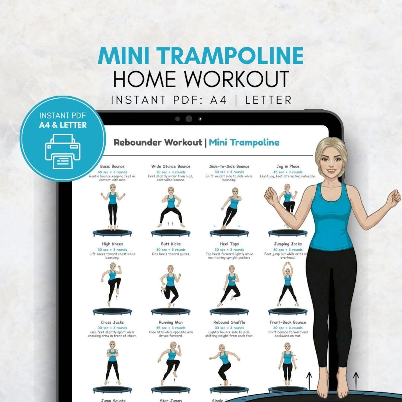 Pre Routine Routine Trampoline Mini Trampoline Workout Poster | Rebounder Exercise Chart for Home ...