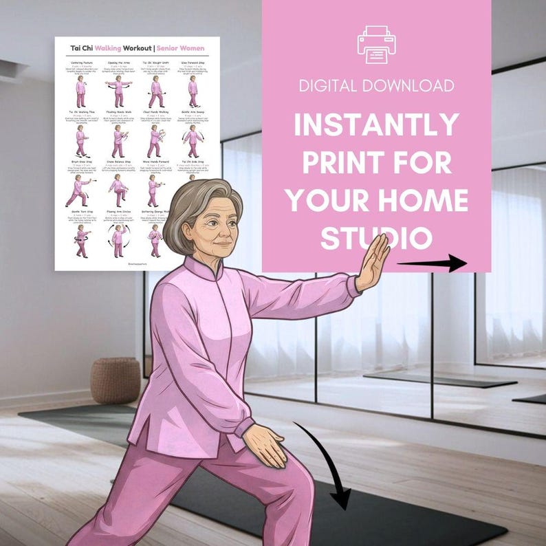 Puede incluir: Ilustraci&oacute;n de una mujer mayor con un atuendo rosa que demuestra posturas de Tai Chi. Es visible un p&oacute;ster titulado "Tai Chi Walking Workout | Senior Women". El texto sobre un fondo rosa dice "DESCARGA DIGITAL IMPRIME AL INSTANTE PARA TU ESTUDIO EN CASA."