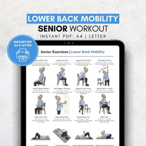 Op de afbeelding: Een digitale PDF voor een workoutroutine voor senioren, weergegeven op een tablet. De blauw-witte afbeelding bevat oefeningen voor de mobiliteit van de onderrug, met illustraties en instructies. Tekst bevat "Lower Back Mobility Senior Workout" en "Instant PDF: A4 | Letter".