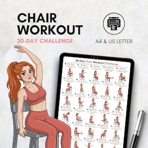 Puede incluir: Ilustraci&oacute;n de una mujer con ropa de entrenamiento roja que demuestra ejercicios en silla. La imagen incluye el texto "CHAIR WORKOUT 30-DAY CHALLENGE" y una tableta que muestra una tabla de ejercicios. La tabla est&aacute; etiquetada como "30-Day Chair Workout | Challenge".