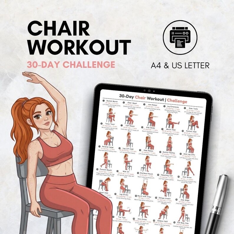 Puede incluir: Ilustraci&oacute;n de una mujer con ropa de entrenamiento roja que demuestra ejercicios en silla. La imagen incluye el texto "CHAIR WORKOUT 30-DAY CHALLENGE" y una tableta que muestra una tabla de ejercicios. La tabla est&aacute; etiquetada como "30-Day Chair Workout | Challenge".