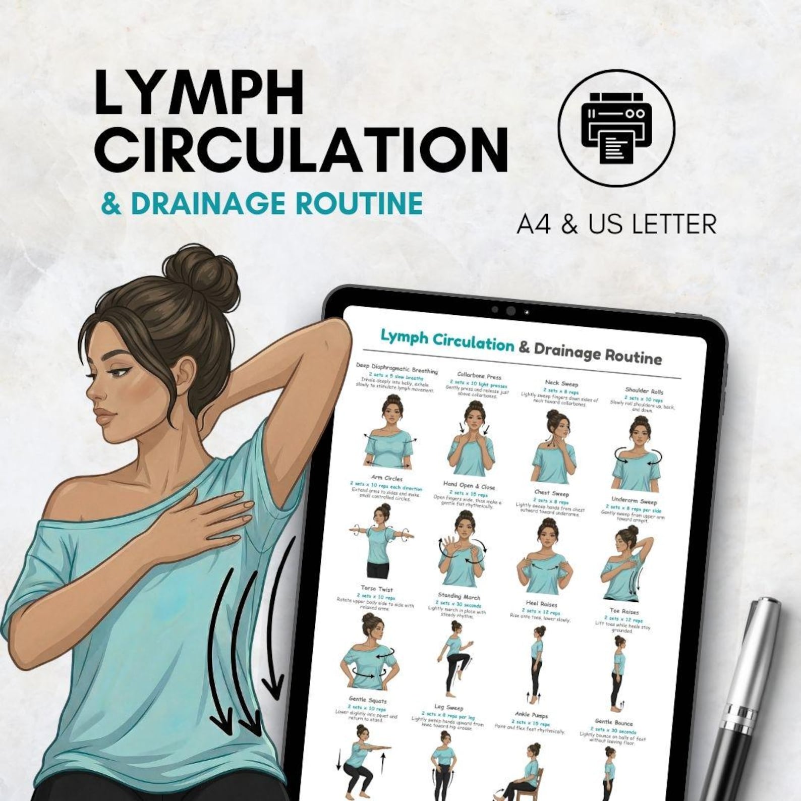 Lymph Exercise Chart, Lymphatic Drainage Routine | Hand Self Massage ...