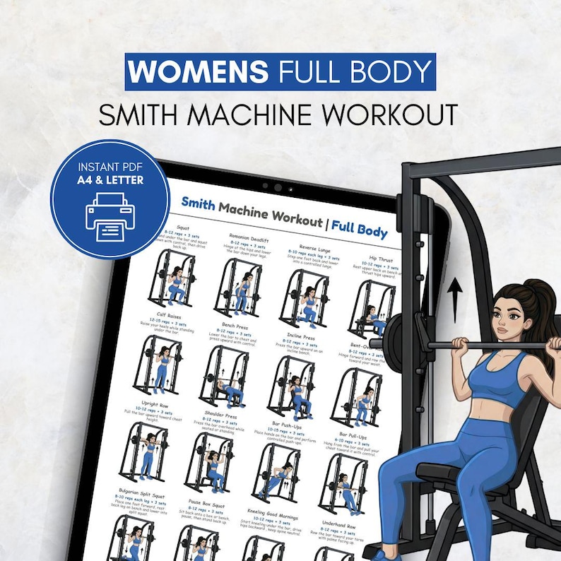 May include: A digital workout guide for a full-body Smith machine workout. The guide is displayed on a tablet and features illustrations of exercises. The text on the tablet reads "WOMENS FULL BODY SMITH MACHINE WORKOUT" and "INSTANT PDF A4 & LETTER". A woman is shown using the Smith machine.