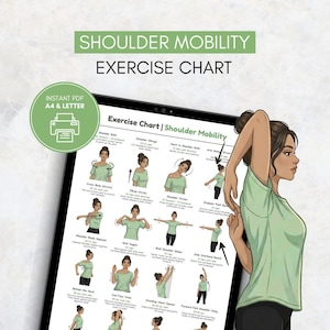 May include: A digital shoulder mobility exercise chart featuring illustrations of various stretches. The chart includes text labels for exercises like shoulder rolls and wall angels, with a green circular badge indicating instant PDF A4 and letter.