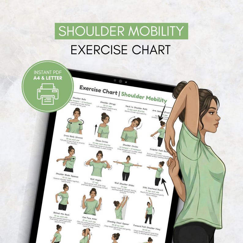 May include: A digital shoulder mobility exercise chart featuring illustrations of various stretches. The chart includes text labels for exercises like shoulder rolls and wall angels, with a green circular badge indicating instant PDF A4 and letter.