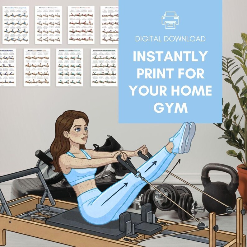Puede incluir: Ilustraci&oacute;n de una mujer con ropa de entrenamiento azul claro usando una m&aacute;quina de reformer Pilates. La imagen incluye un cuadrado azul con el texto "DESCARGA DIGITAL IMPRIME AL INSTANTE PARA TU GIMNASIO EN CASA".