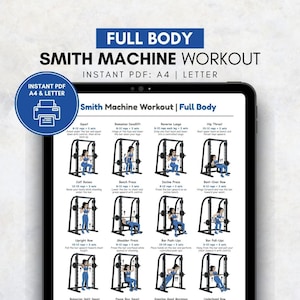 Op de afbeelding: Een digitale workoutgids getiteld "Full Body Smith Machine Workout" weergegeven op een tablet. De gids bevat oefenschema's voor squats, bankdrukken en meer. De tekst "Instant PDF A4 & Letter" is ook zichtbaar.