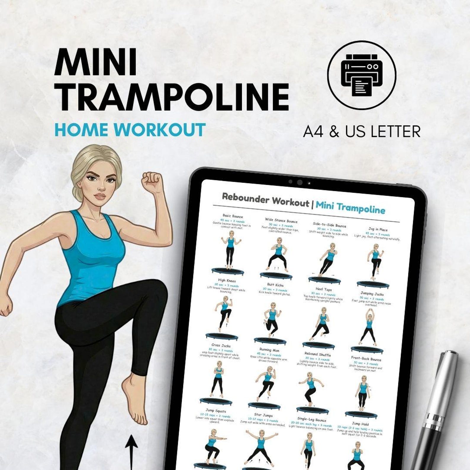 Pre Routine Routine Trampoline Mini Trampoline Workout Poster | Rebounder Exercise Chart for Home ...