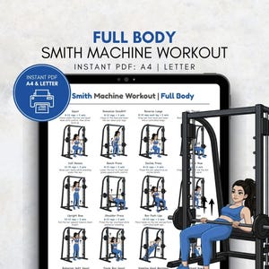 May include: A digital workout guide displayed on a tablet, featuring a full-body Smith machine workout routine. The guide includes exercise illustrations and instructions. The tablet is next to a Smith machine with a woman using it.