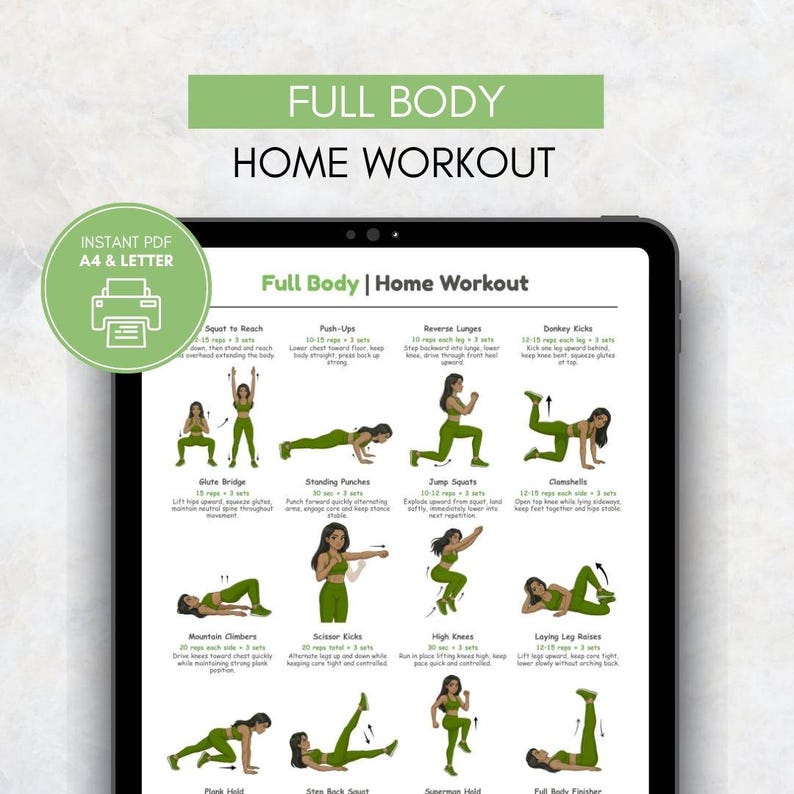 Printable Full Body Home Workout Poster, No Equipment Workout Plan ...
