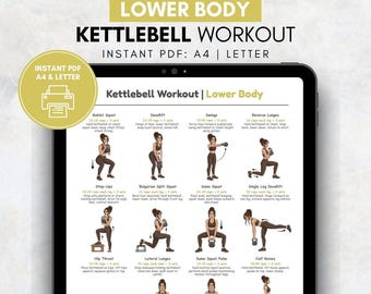 Kettlebell Lower Body Exercises Poster, Beginner Kettlebell Home Workout Chart, Home Gym Printable Fitness Wall Art, Digital Download PDF