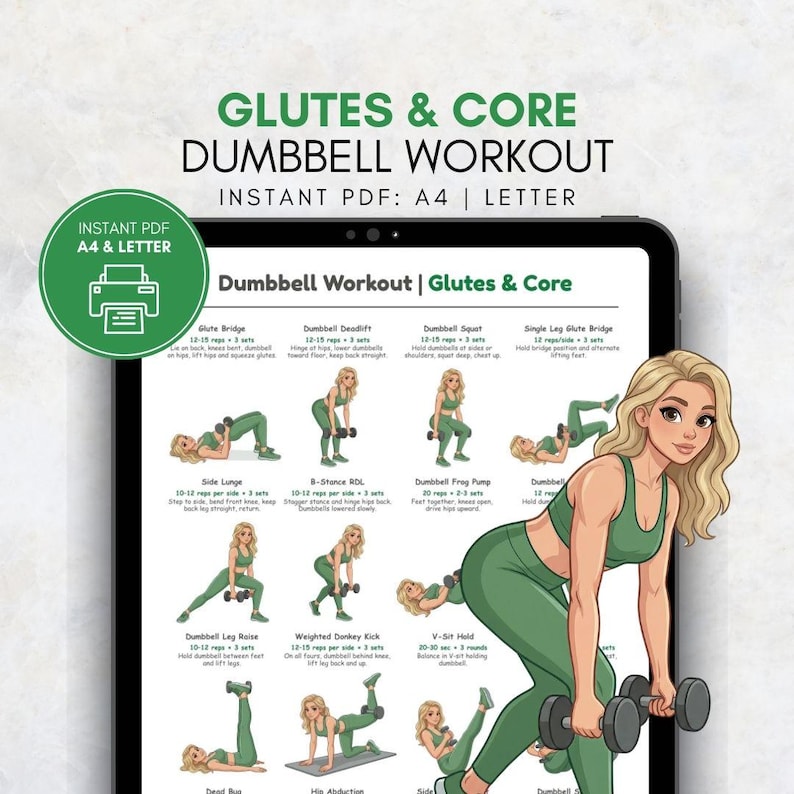 May include: A digital workout guide titled "Glutes & Core Dumbbell Workout" with illustrations of exercises. The guide includes exercises like dumbbell deadlifts, squats, and lunges. The image also features a woman in green workout attire.