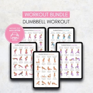 May include: A digital workout bundle featuring dumbbell exercises for various muscle groups. The bundle includes guides for glutes & hips, arm toning, back & posture, abs & core, and lower body workouts. The text "WORKOUT BUNDLE" and "DUMBBELL WORKOUT" are displayed.