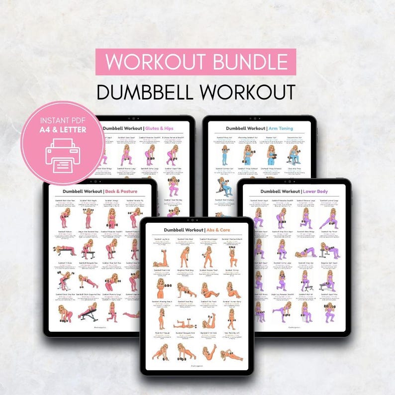 May include: A digital workout bundle featuring dumbbell exercises for various muscle groups. The bundle includes guides for glutes & hips, arm toning, back & posture, abs & core, and lower body workouts. The text "WORKOUT BUNDLE" and "DUMBBELL WORKOUT" are displayed.