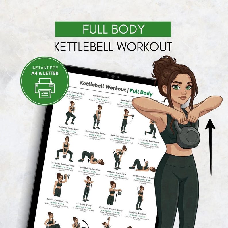 Kettlebell Full Body Exercises Poster | Beginner Kettlebell Workout ...