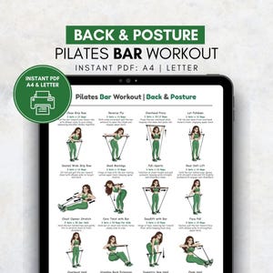 May include: A digital Pilates bar workout guide displayed on a tablet. The guide, titled "Back & Posture Pilates Bar Workout," includes illustrated exercises with instructions. The top of the image has the text "INSTANT PDF: A4 | LETTER."