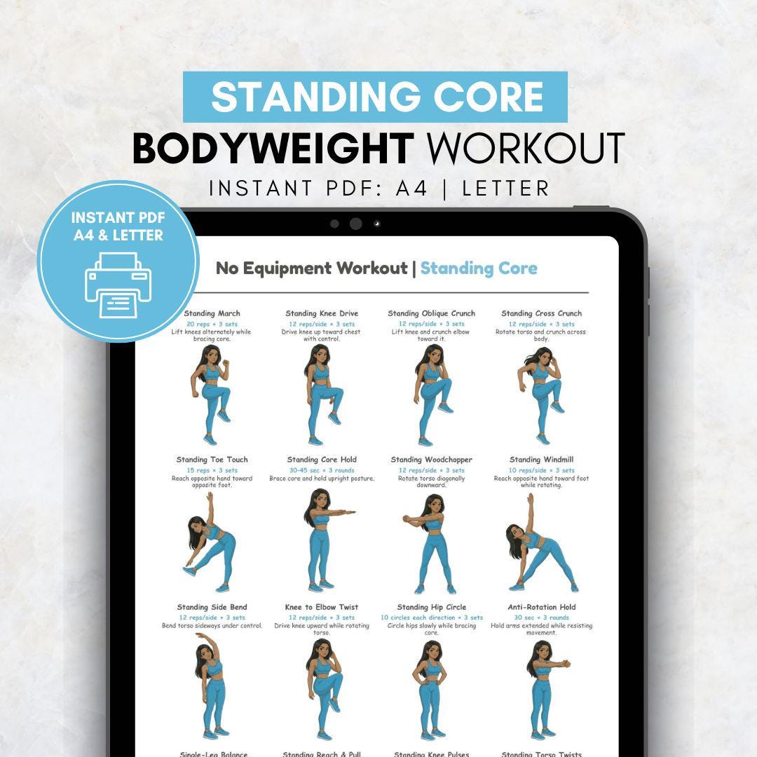 Standing Core Exercises Chart | Gentle Standing Ab and Oblique Workout ...