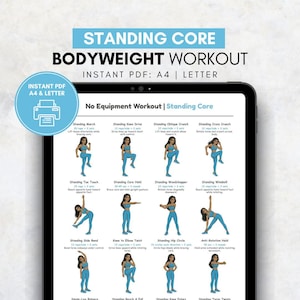 Standing Core Exercises Chart | Gentle Standing Ab and Oblique Workout Poster | Low Impact Core & Balance Exercise for Seniors and Beginners