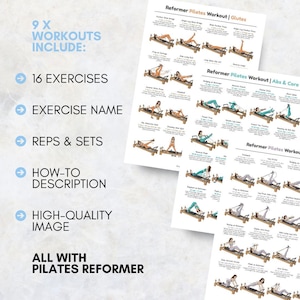 Puede incluir: Dos hojas blancas impresas con instrucciones de entrenamiento de Pilates. Las hojas incluyen 9 entrenamientos, 16 ejercicios, nombres de ejercicios, repeticiones y series, descripciones y im&aacute;genes de alta calidad. El texto dice "ALL WITH PILATES REFORMER."