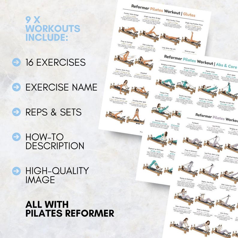 Puede incluir: Dos hojas blancas impresas con instrucciones de entrenamiento de Pilates. Las hojas incluyen 9 entrenamientos, 16 ejercicios, nombres de ejercicios, repeticiones y series, descripciones y im&aacute;genes de alta calidad. El texto dice "ALL WITH PILATES REFORMER."