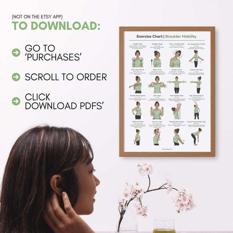 May include: A framed exercise chart for shoulder mobility, featuring illustrations of various stretches. The chart is in a wooden frame and includes text instructions. Instructions to download the chart are also included.
