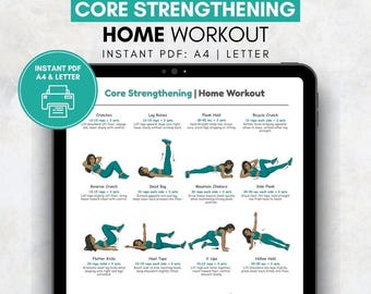 Core & Abs Workout Poster, No Equipment Home Fitness Guide, Womens Digital Download, Core Strength and Stability Printable Exercise Chart