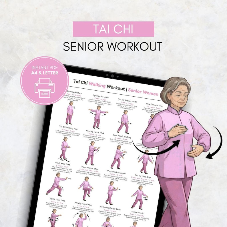 Puede incluir: Una tableta digital muestra una gu&iacute;a de entrenamiento de Tai Chi para personas mayores con ilustraciones de ejercicios. El texto "Tai Chi Senior Workout" est&aacute; en la parte superior. Una mujer de rosa demuestra una postura de Tai Chi. Un c&iacute;rculo rosa con "Instant PDF A4 & Letter" est&aacute; en la esquina.