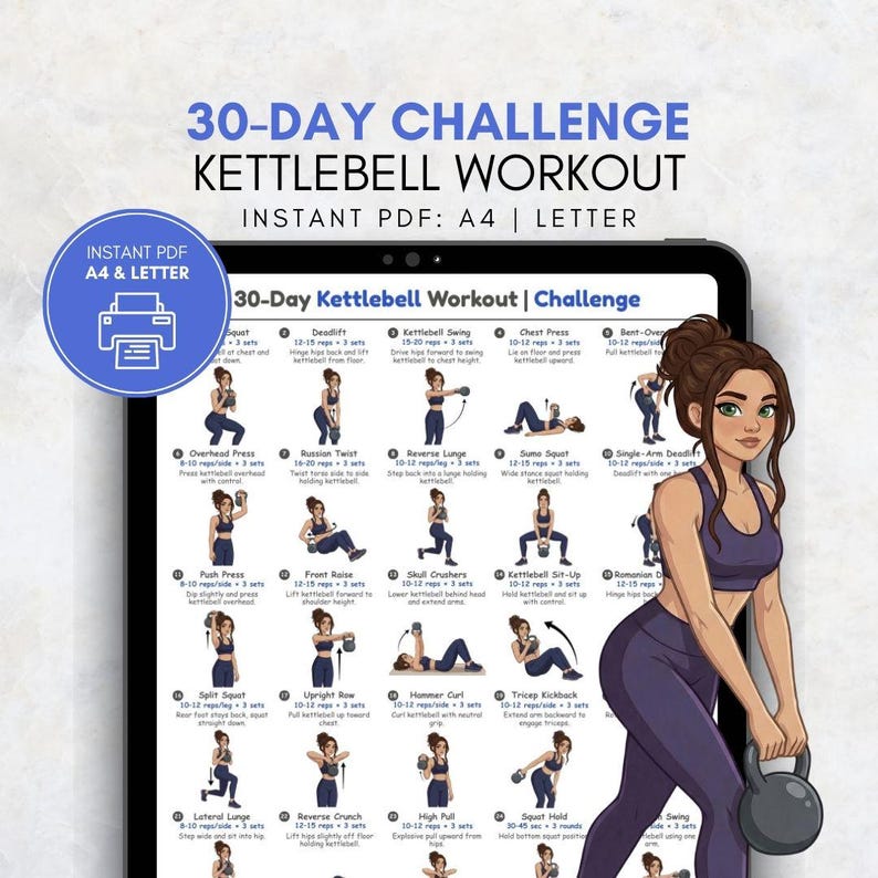 30-day Kettlebell Challenge Poster, Kettlebell Workout Chart, Full Body